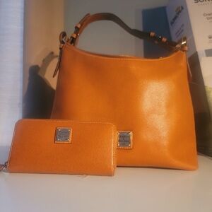 Dooney & Bourke Orange Leather Shoulder Bag and Wallet Set